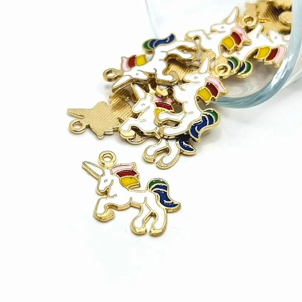 1, 4, 20 or 50 Pieces: White and Rainbow Enamel Unicorn Charms