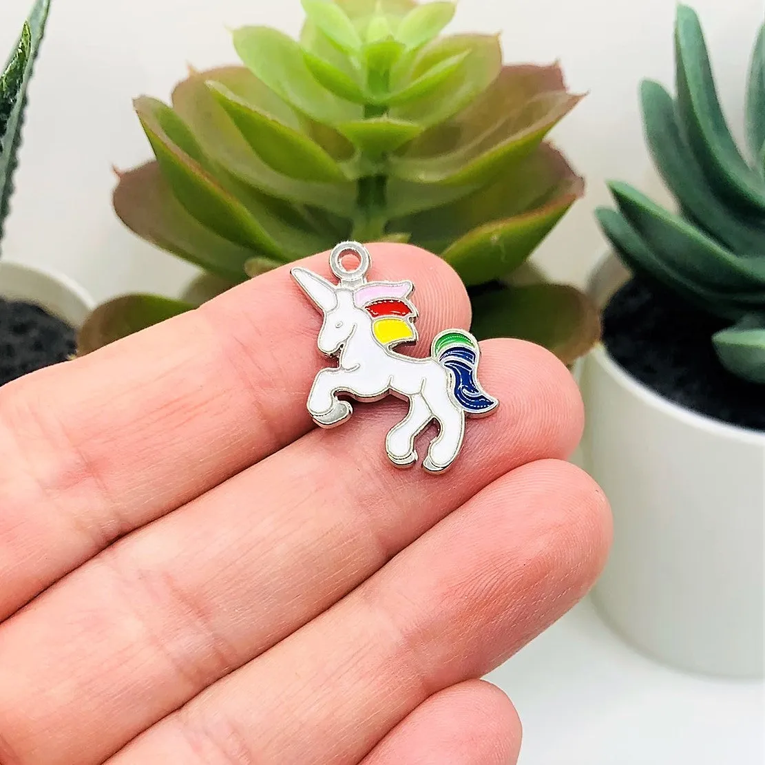 1, 4, 20 or 50 Pieces: White and Rainbow Enamel Unicorn Charms