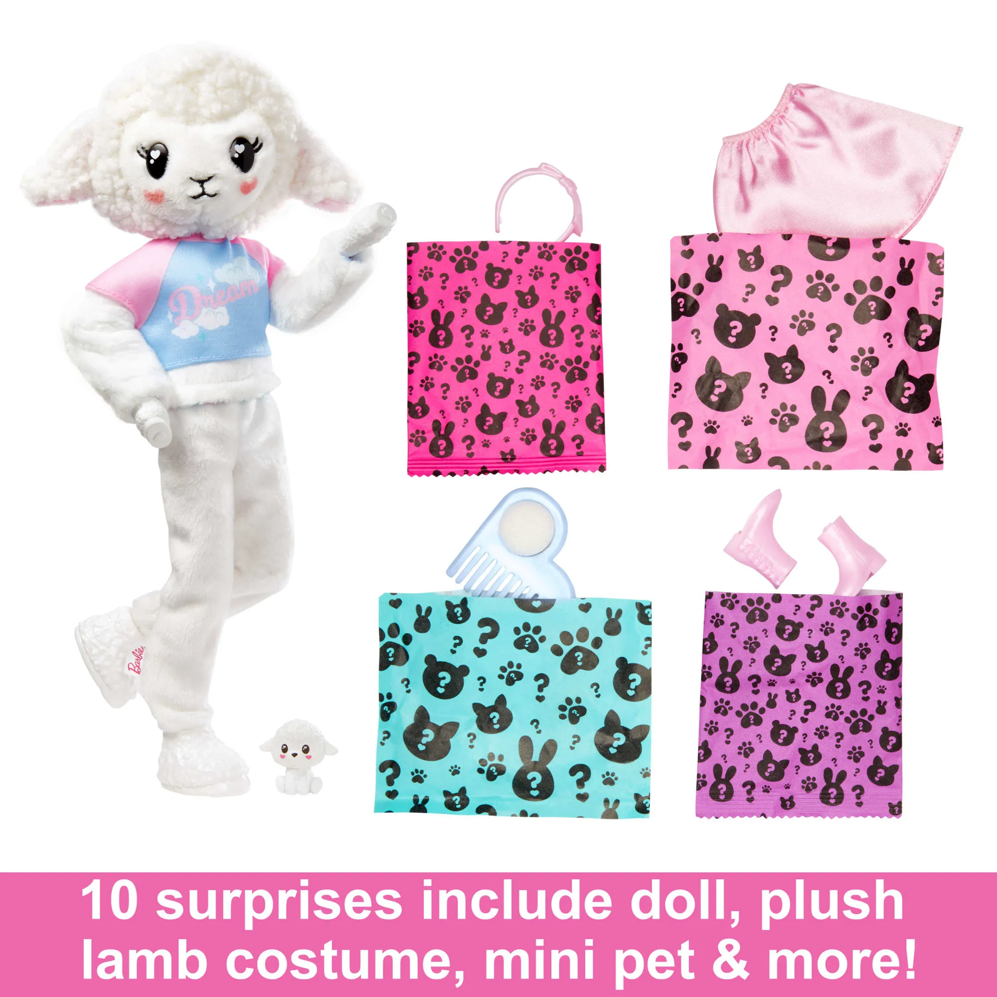 Barbie Cutie Reveal Cozy Cute Tees Doll & Accessories, Lamb in “Dream” T-Shirt, Pink-Streaked Blond Hair & Blue Eyes