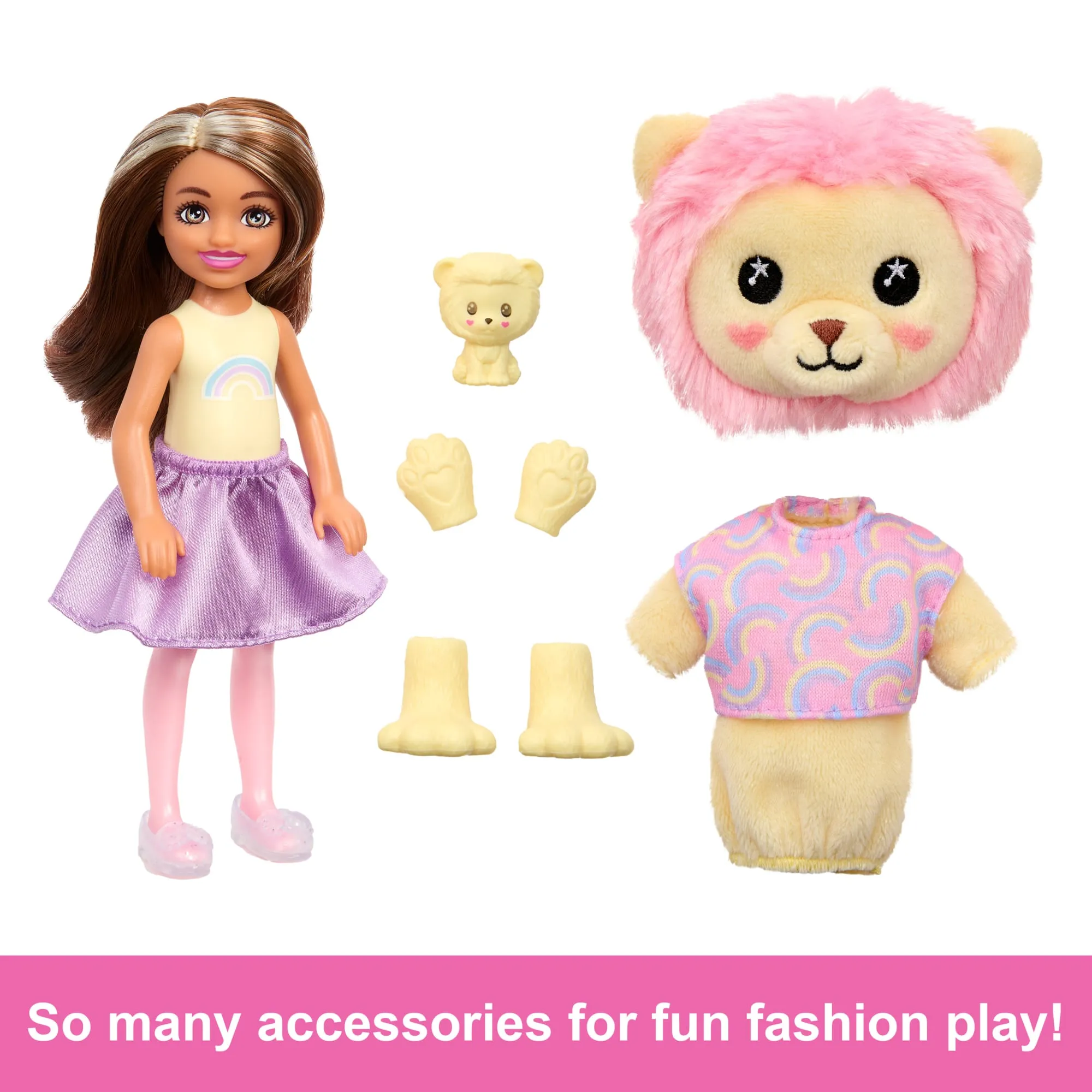 Barbie Cutie Reveal Cozy Cute Tees Series Chelsea Doll & Accessories, Plush Lion, Brunette Small Doll