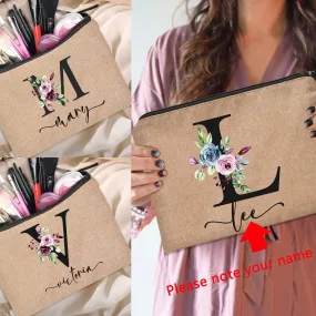 Customized Personalized Name Linen Cosmetic Bag Bridesmaid Clutch