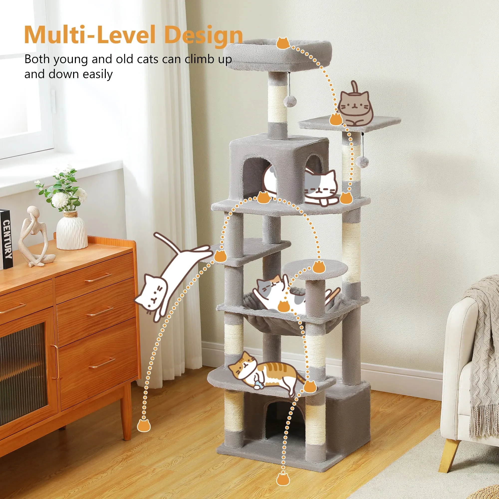 Large Tall Cat Tree Tower for Indoor Cats Multi-Level Plush Cat Condo w/ Scratching Posts Scratching Boards Perches & Caves